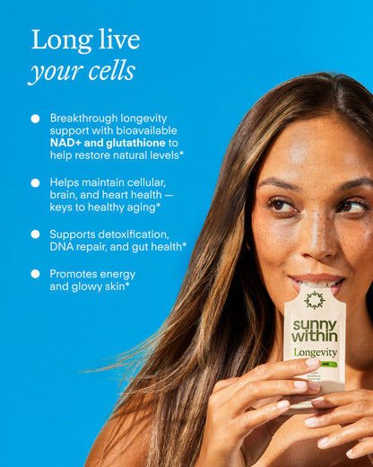 Sunny Within Longevity - Cellular Health Supplement w/Bioavailable Liquid NAD+, Glutathione, CoQ10, B12, MCT, Avocado Oil - Energy, Detox, Brain, Skin, Gut, & Heart Support*